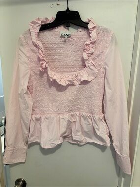 Ganni Pale Pink Button-Cuff Poplin Blouse